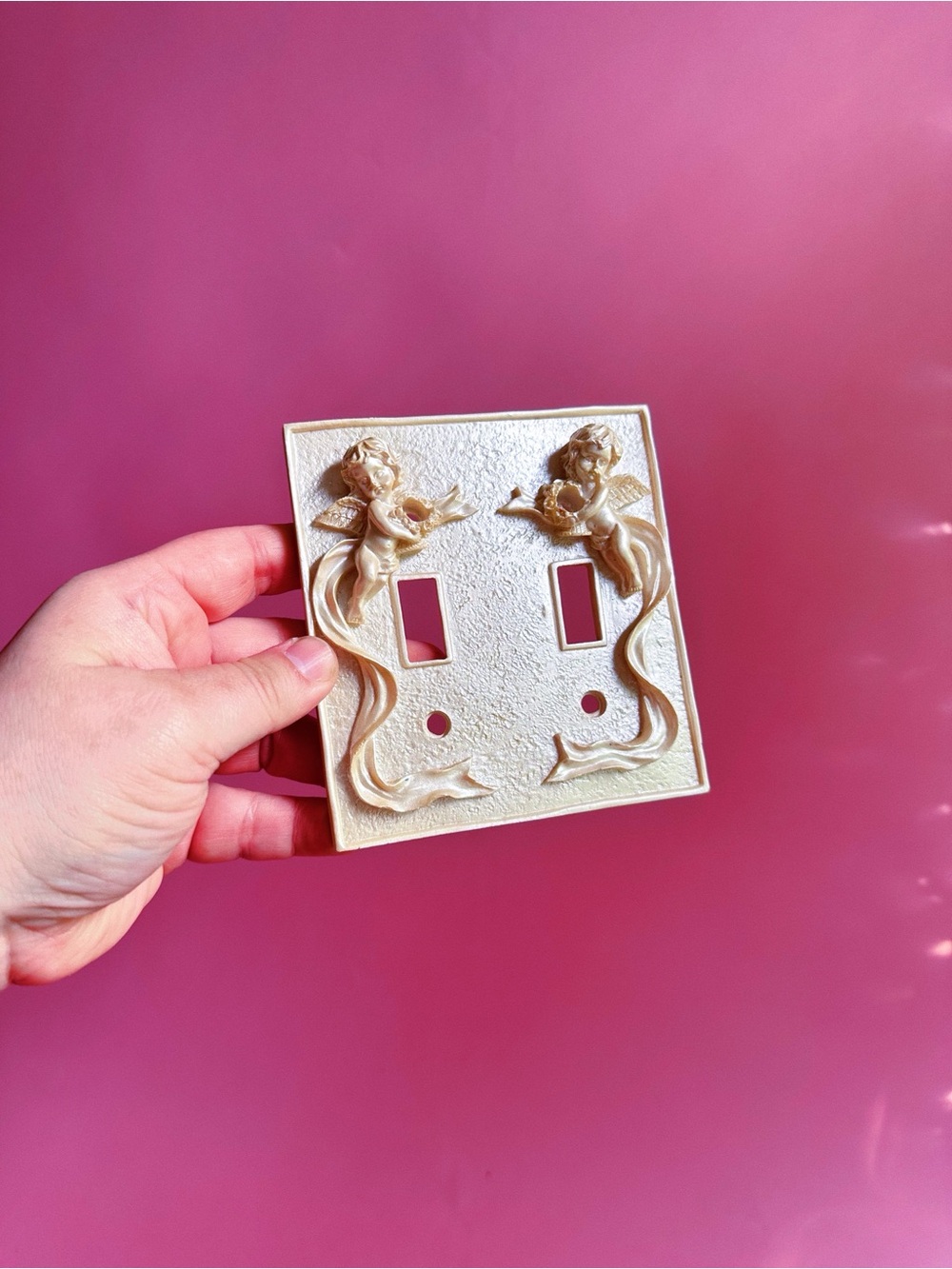 Ornate Cherub Angel and Double Toggle Light Switch Cover - Cream